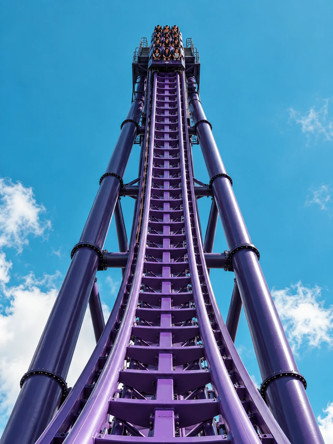 A purple roller coaster tower rising into the sky