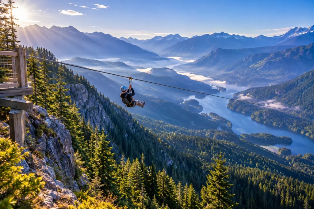 A helmeted zipline rider crossing a forested mountain valley
