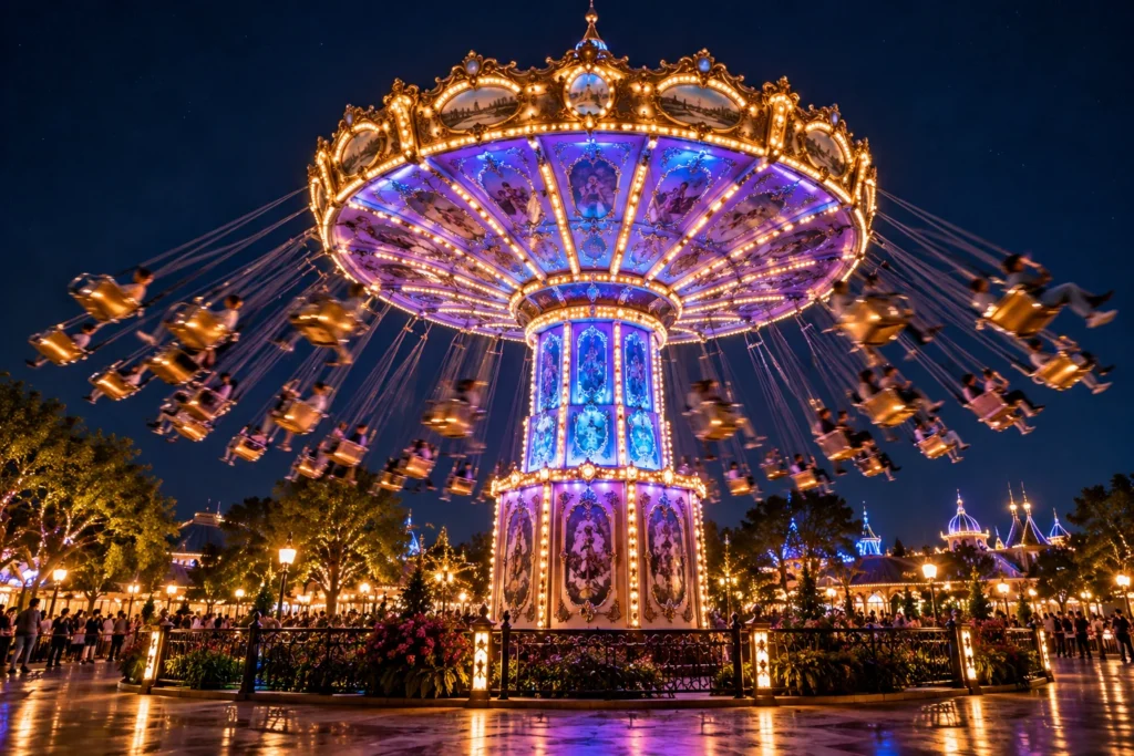 An illuminated chair-swing ride spinning at night