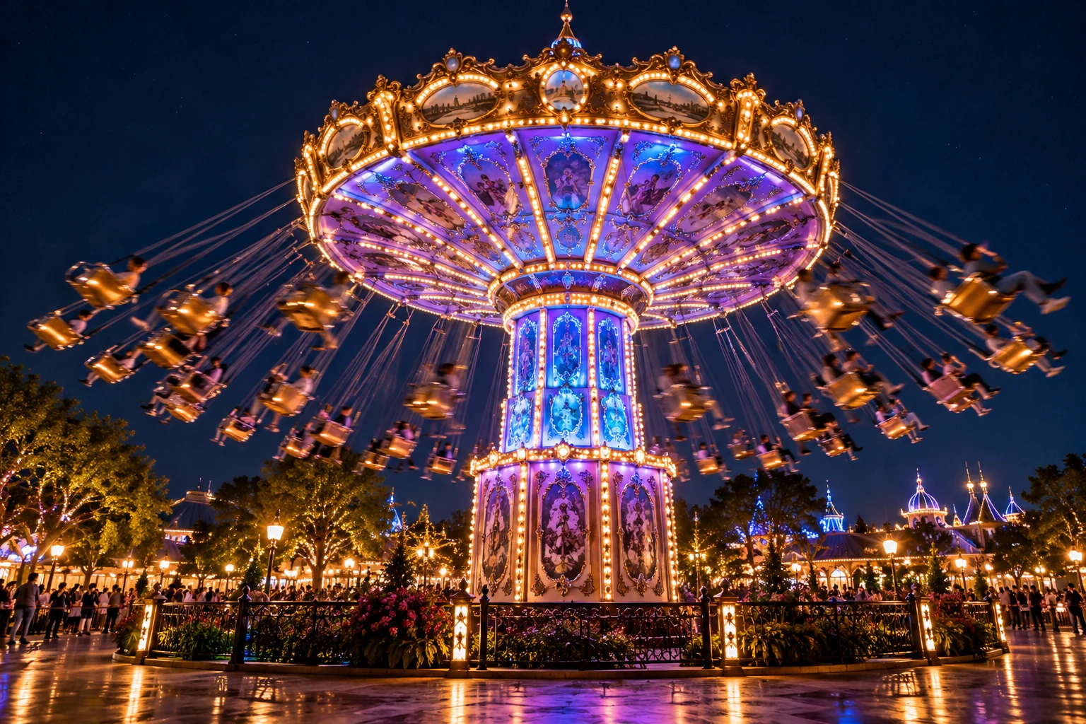 An illuminated chair-swing ride spinning at night