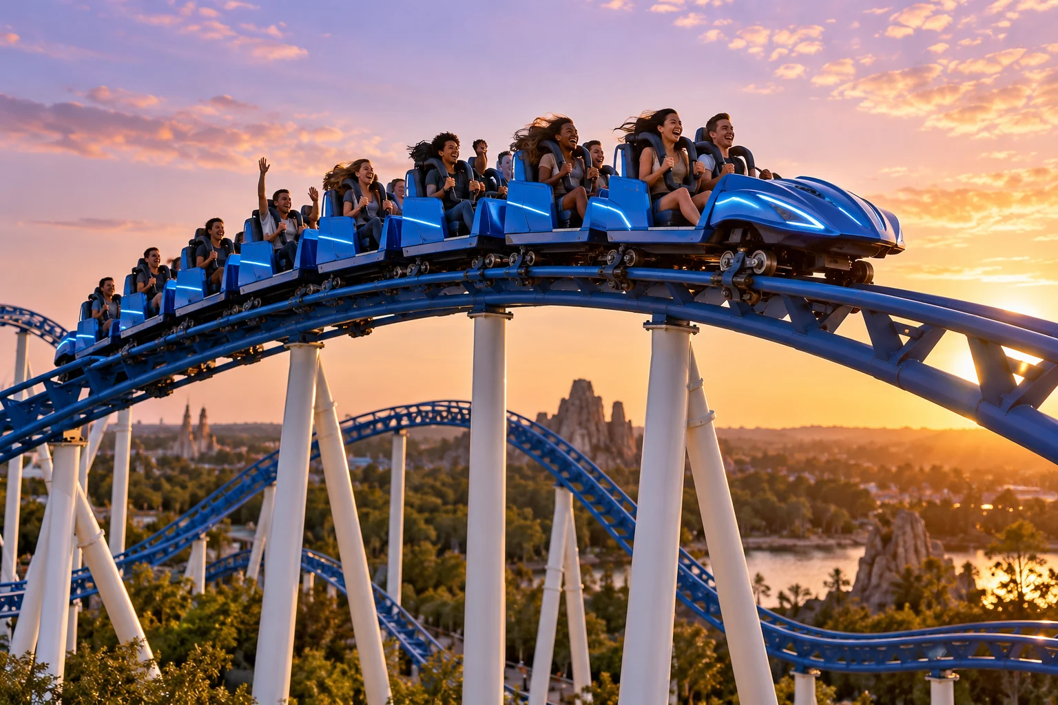 A blue roller coaster train cresting an airtime hill at sunset