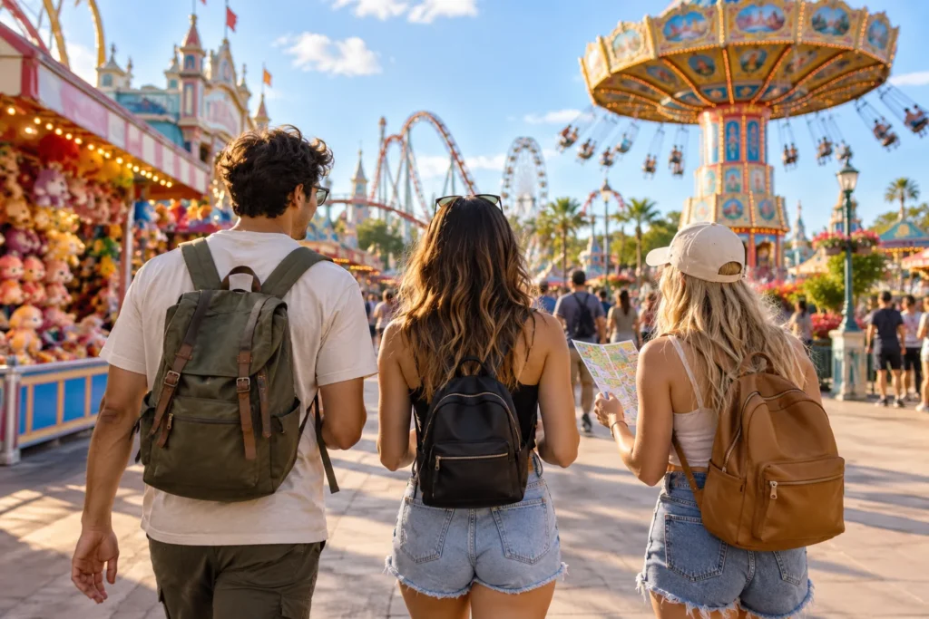 Friends exploring a sunny amusement park midway